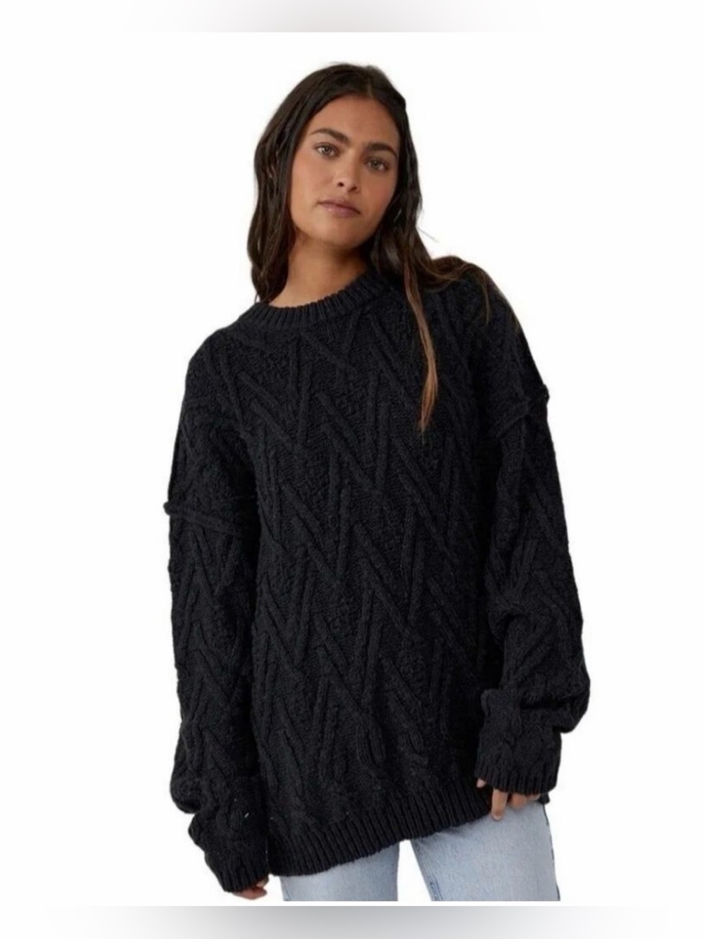 Free People Women’s XS Black Cable Knit Oversized Crewneck Sweater Cotton Blend